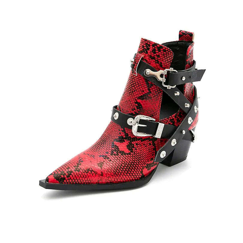 Motorcycle Western Cowboy Boots Women Snake PU Leather Short Cossacks High Heels Pointed Cowgirl Booties Buckle Womens Shoes - KIMLUD