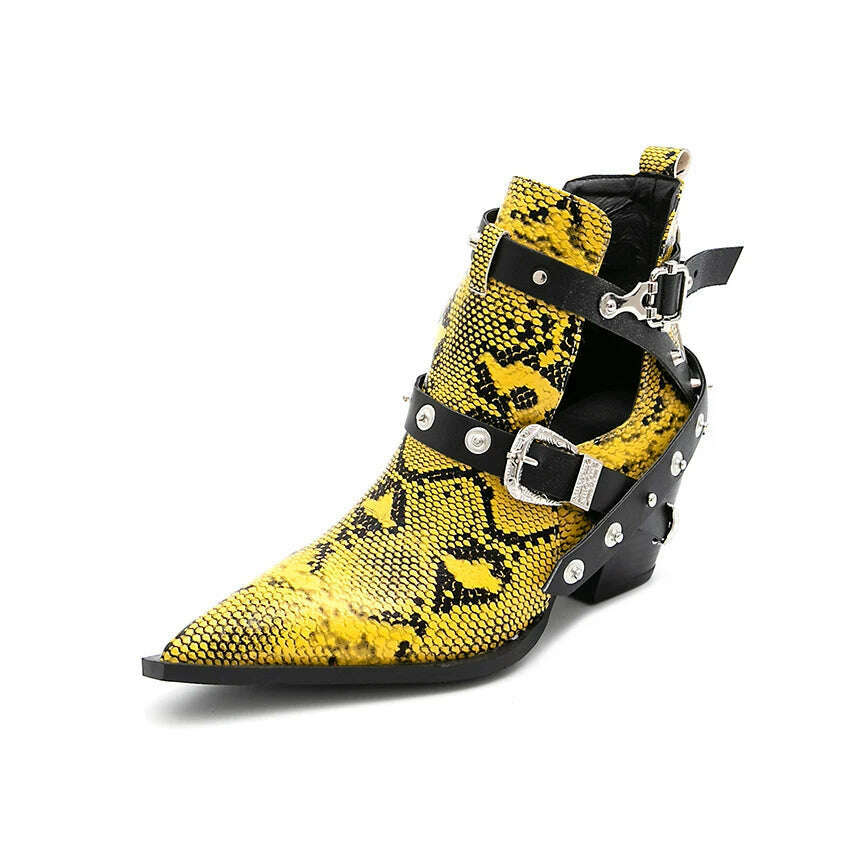 Motorcycle Western Cowboy Boots Women Snake PU Leather Short Cossacks High Heels Pointed Cowgirl Booties Buckle Womens Shoes - KIMLUD