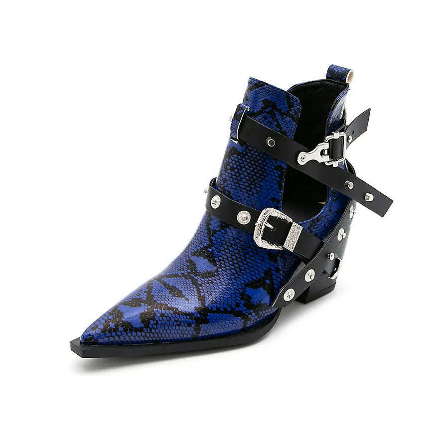 Motorcycle Western Cowboy Boots Women Snake PU Leather Short Cossacks High Heels Pointed Cowgirl Booties Buckle Womens Shoes - KIMLUD