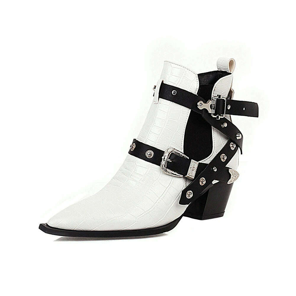Motorcycle Western Cowboy Boots Women Snake PU Leather Short Cossacks High Heels Pointed Cowgirl Booties Buckle Womens Shoes - KIMLUD