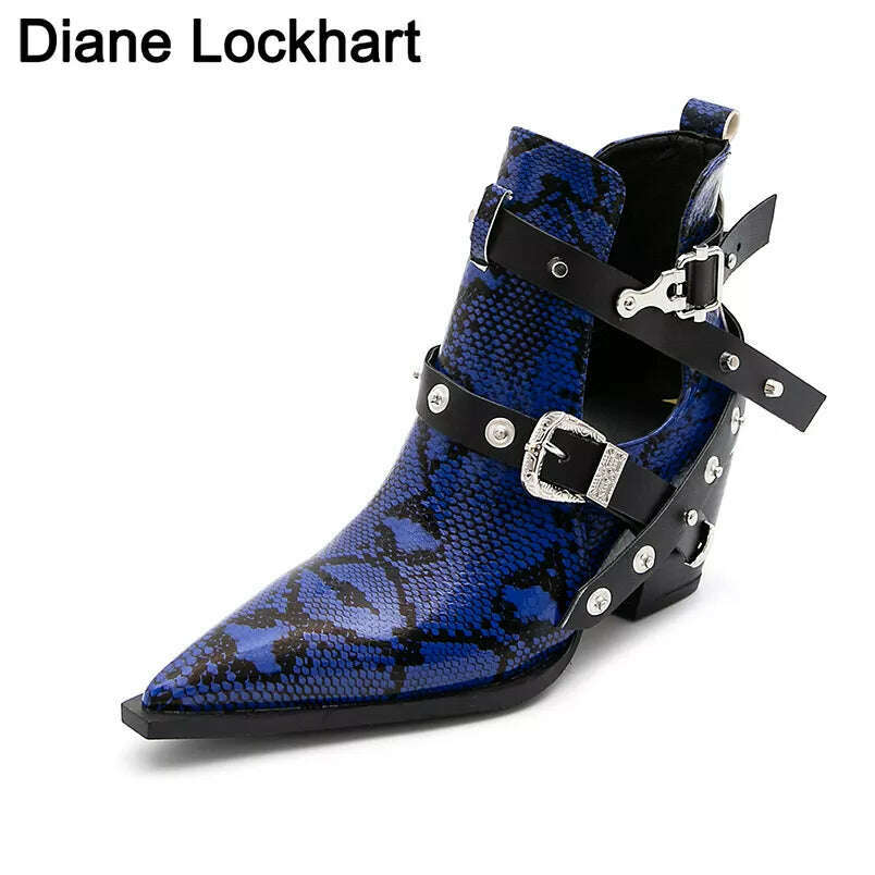 Motorcycle Western Cowboy Boots Women Snake PU Leather Short Cossacks High Heels Pointed Cowgirl Booties Buckle Womens Shoes - KIMLUD