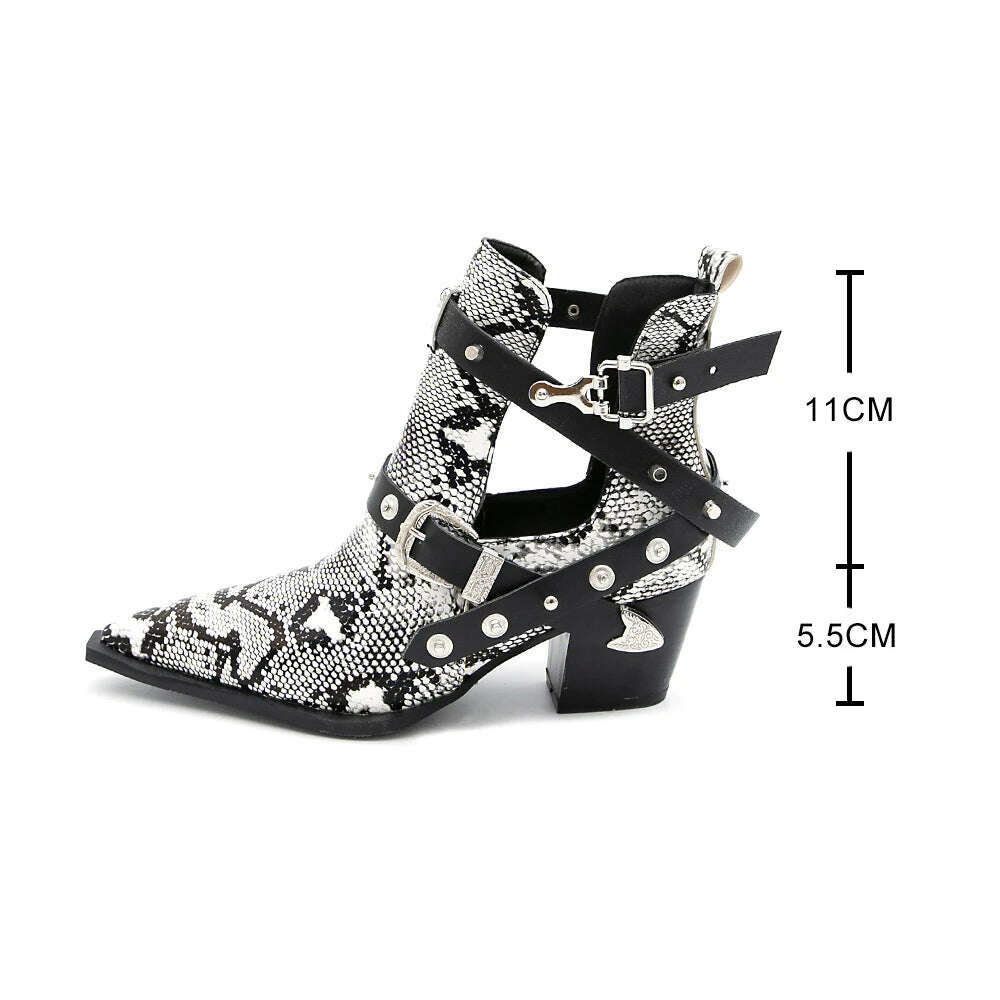 Motorcycle Western Cowboy Boots Women Snake PU Leather Short Cossacks High Heels Pointed Cowgirl Booties Buckle Womens Shoes - KIMLUD