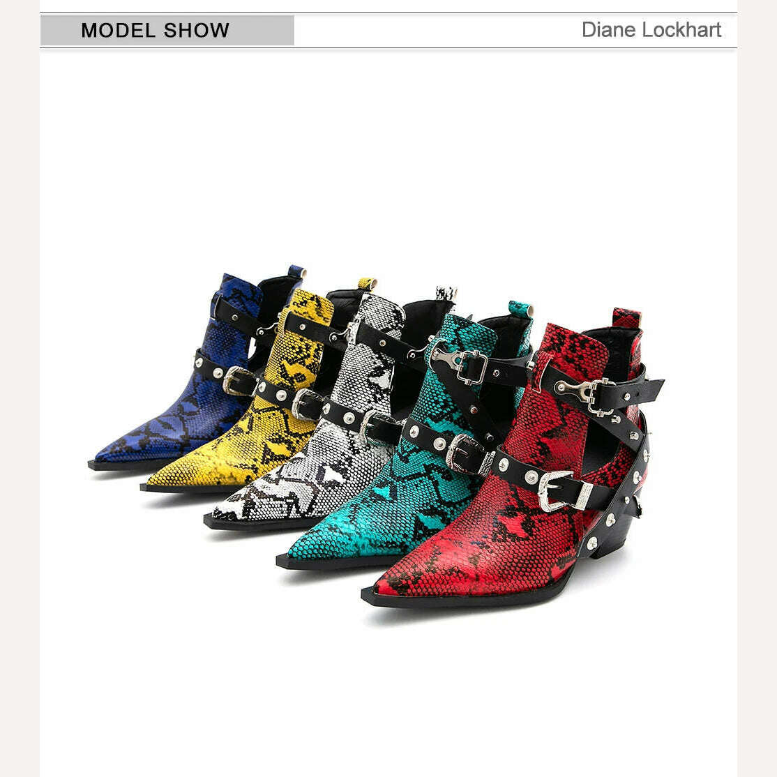 Motorcycle Western Cowboy Boots Women Snake PU Leather Short Cossacks High Heels Pointed Cowgirl Booties Buckle Womens Shoes - KIMLUD