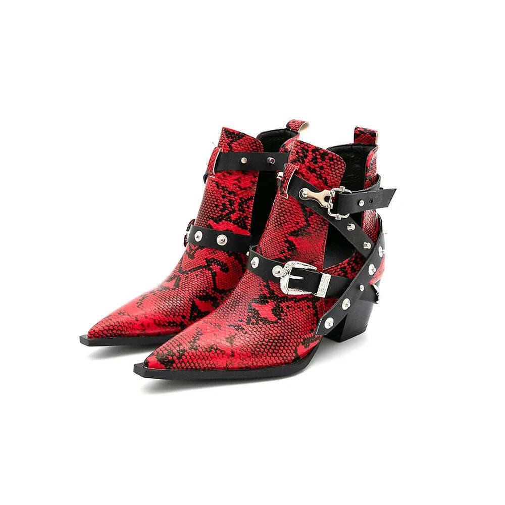 Motorcycle Western Cowboy Boots Women Snake PU Leather Short Cossacks High Heels Pointed Cowgirl Booties Buckle Womens Shoes - KIMLUD