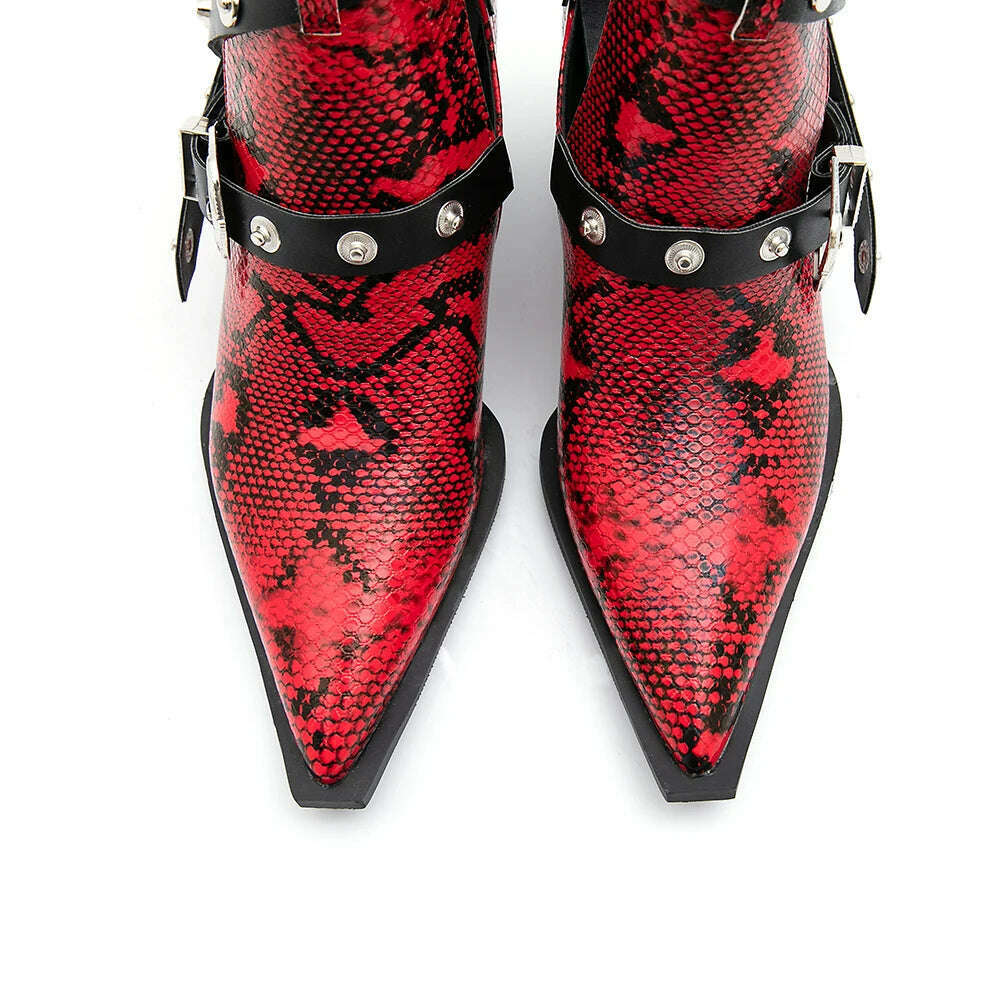 Motorcycle Western Cowboy Boots Women Snake PU Leather Short Cossacks High Heels Pointed Cowgirl Booties Buckle Womens Shoes - KIMLUD