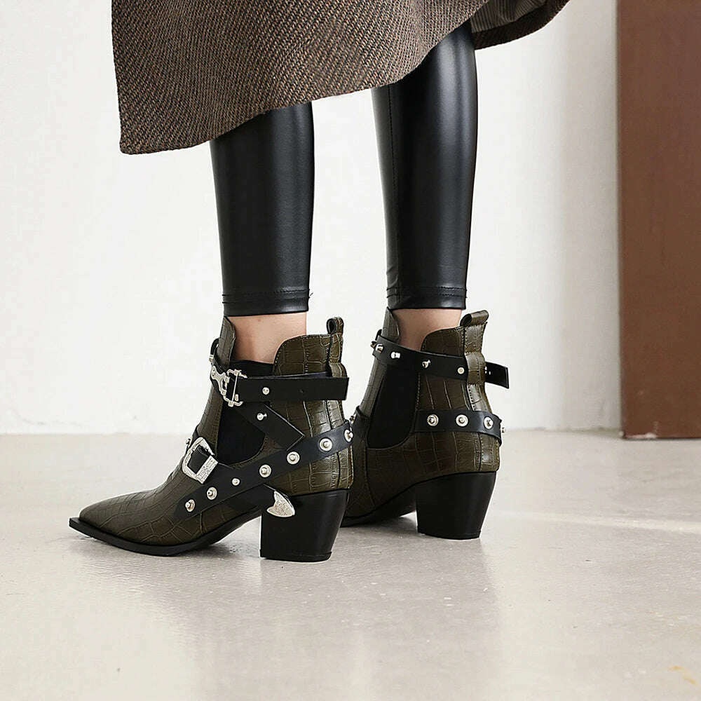 Motorcycle Western Cowboy Boots Women Snake PU Leather Short Cossacks High Heels Pointed Cowgirl Booties Buckle Womens Shoes - KIMLUD