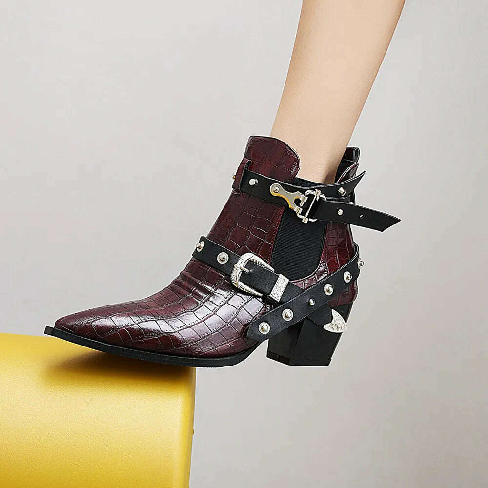 Motorcycle Western Cowboy Boots Women Snake PU Leather Short Cossacks High Heels Pointed Cowgirl Booties Buckle Womens Shoes - KIMLUD
