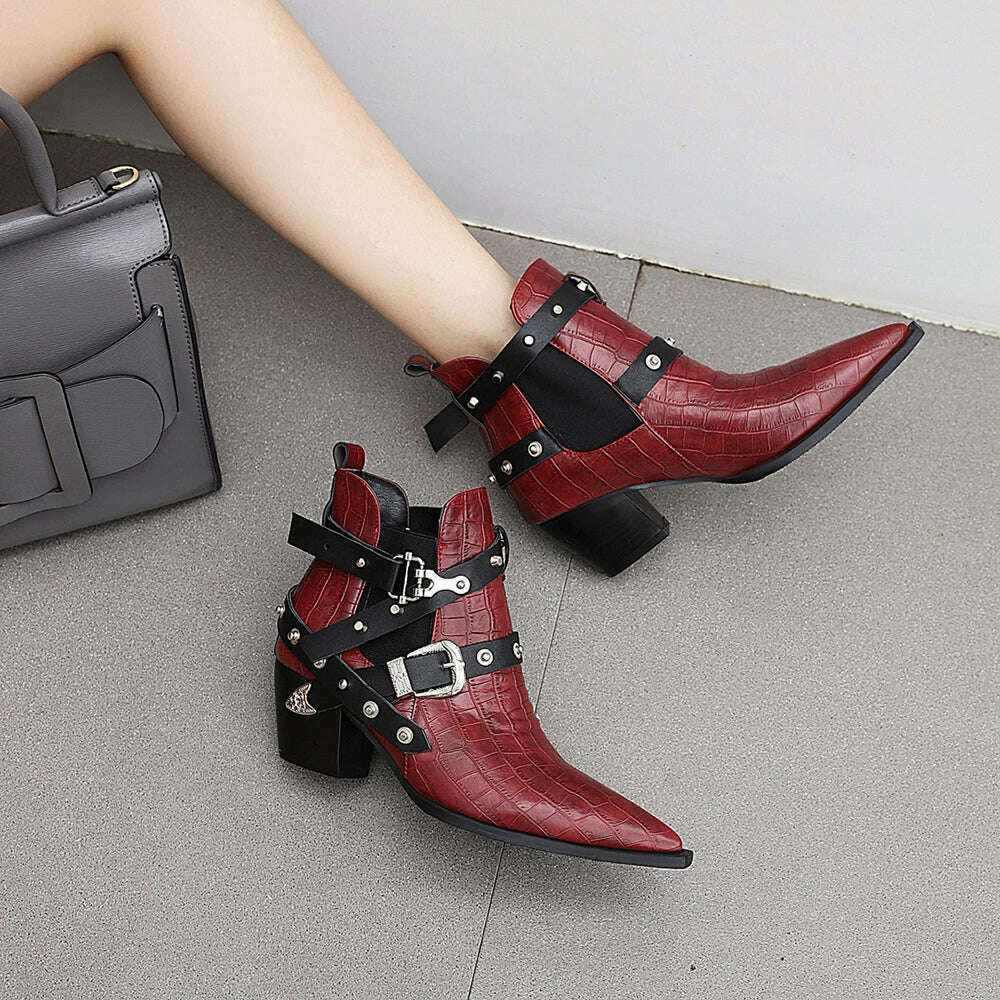 Motorcycle Western Cowboy Boots Women Snake PU Leather Short Cossacks High Heels Pointed Cowgirl Booties Buckle Womens Shoes - KIMLUD