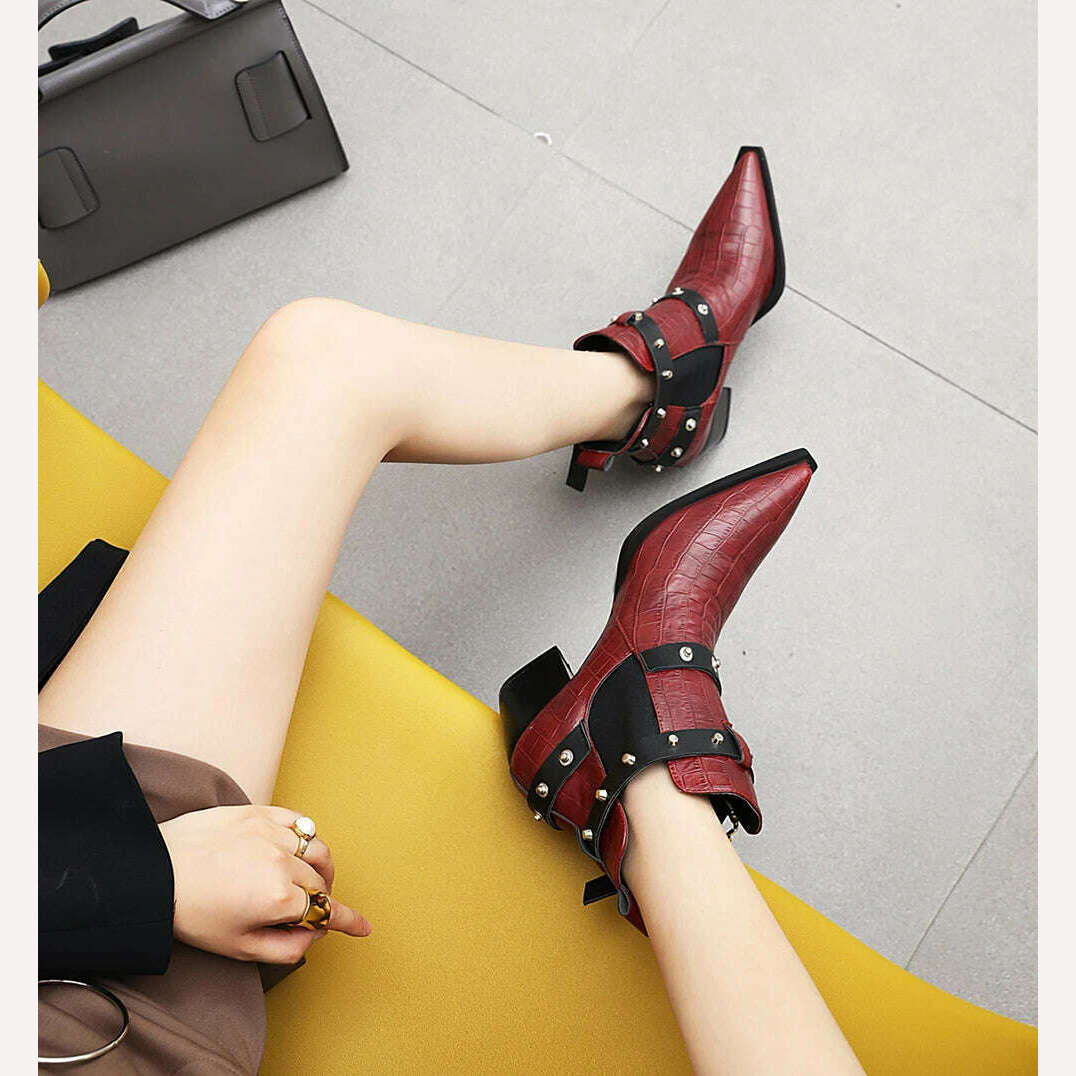 Motorcycle Western Cowboy Boots Women Snake PU Leather Short Cossacks High Heels Pointed Cowgirl Booties Buckle Womens Shoes - KIMLUD