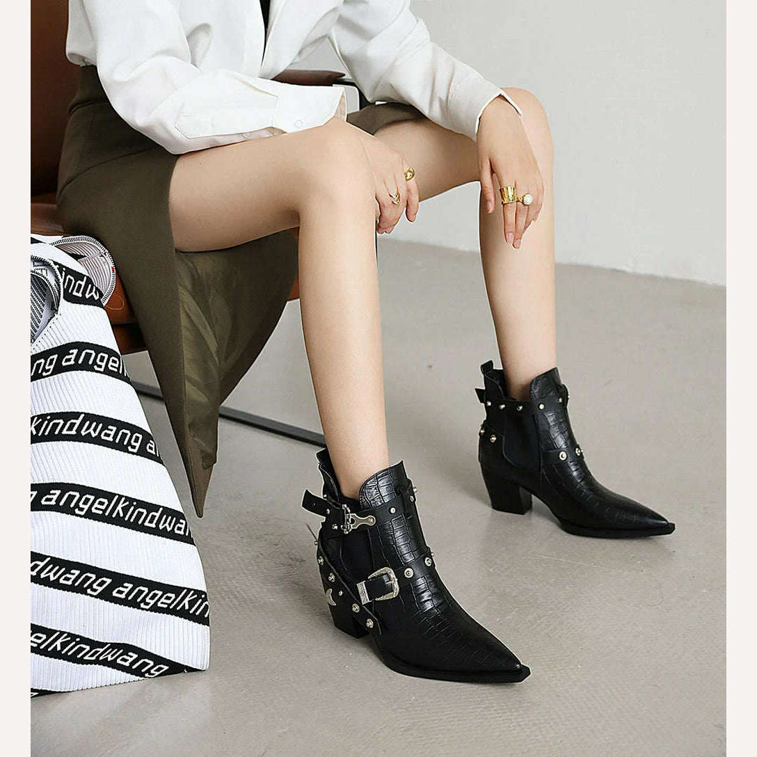 Motorcycle Western Cowboy Boots Women Snake PU Leather Short Cossacks High Heels Pointed Cowgirl Booties Buckle Womens Shoes - KIMLUD