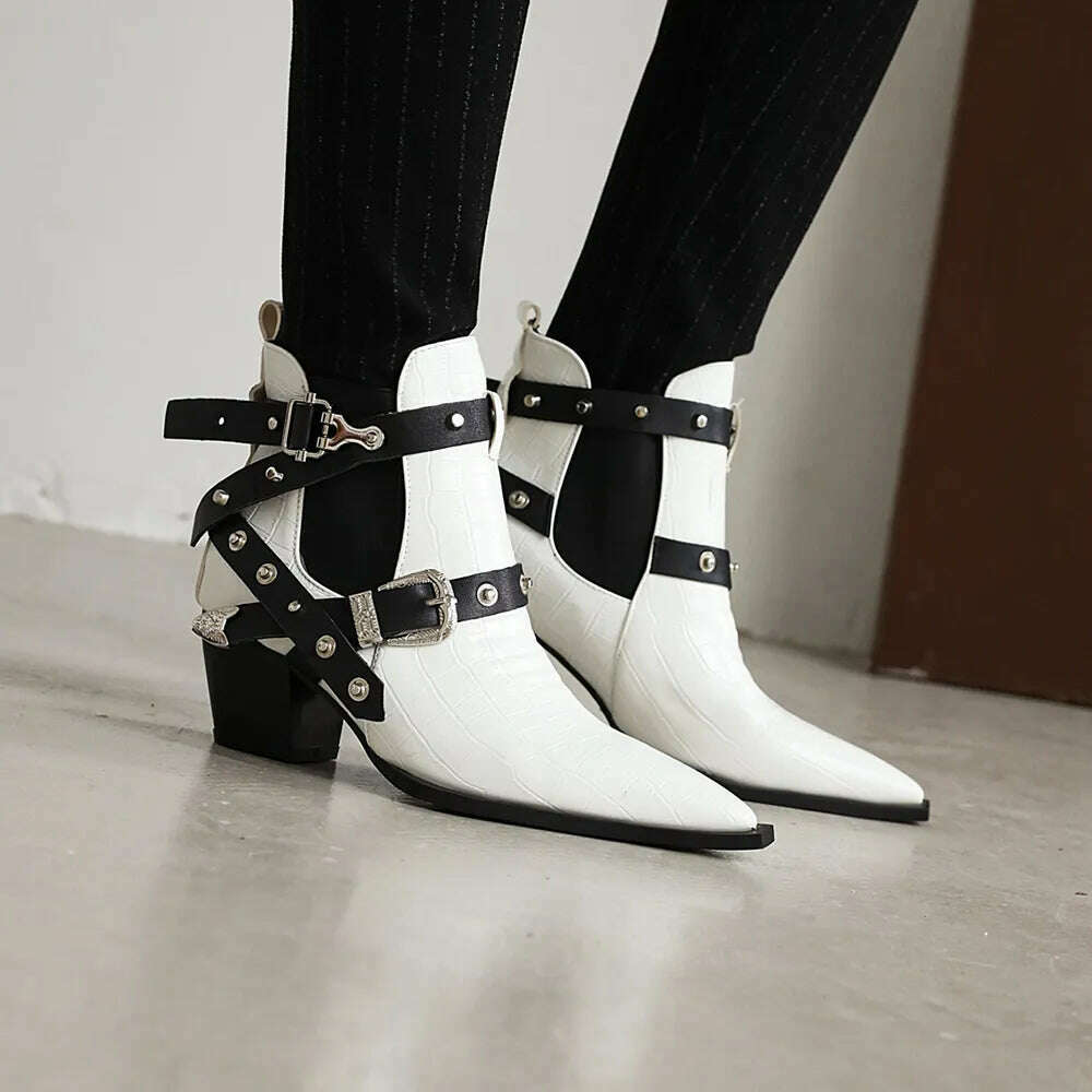 Motorcycle Western Cowboy Boots Women Snake PU Leather Short Cossacks High Heels Pointed Cowgirl Booties Buckle Womens Shoes - KIMLUD
