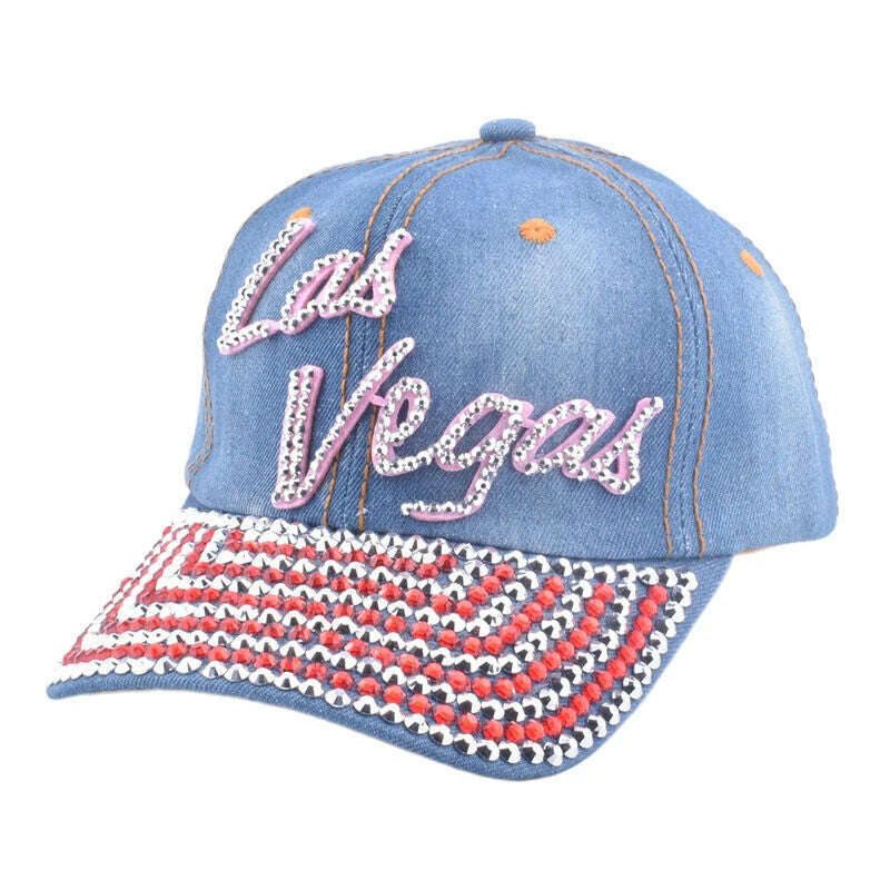 Multi-color Bling Baseball Hats for Women Denim Rhinestone Studded Cap with Texts - KIMLUD