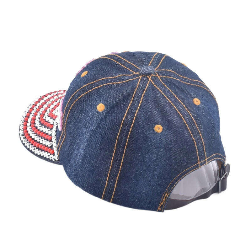 Multi-color Bling Baseball Hats for Women Denim Rhinestone Studded Cap with Texts - KIMLUD