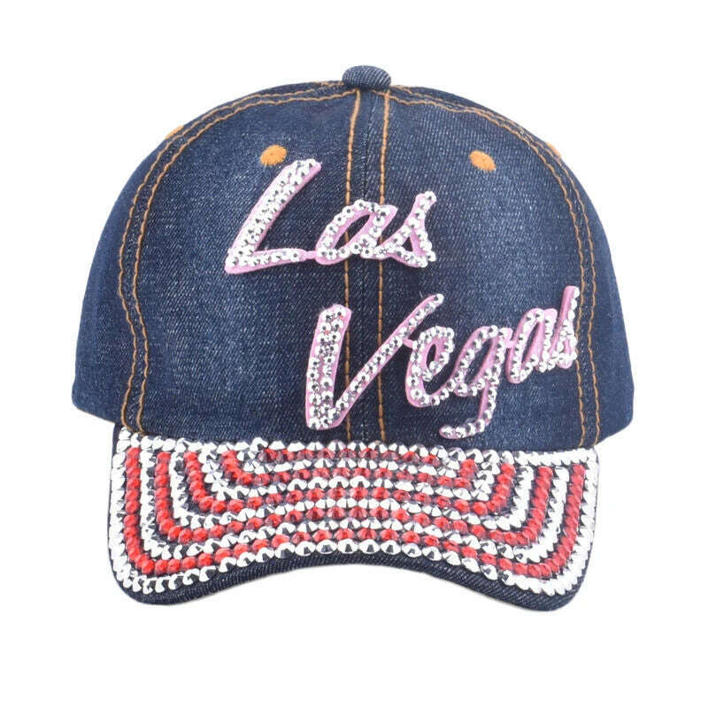 Multi-color Bling Baseball Hats for Women Denim Rhinestone Studded Cap with Texts - KIMLUD