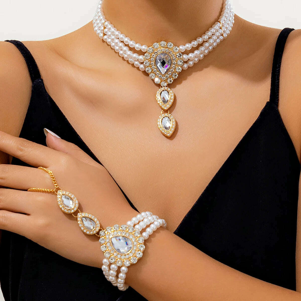 Multilayer Elegant Imitation Pearl Chain Necklace Bracelet for Women Creative Water Drop Rhinestone Jewelry Set Wed Accessories - KIMLUD