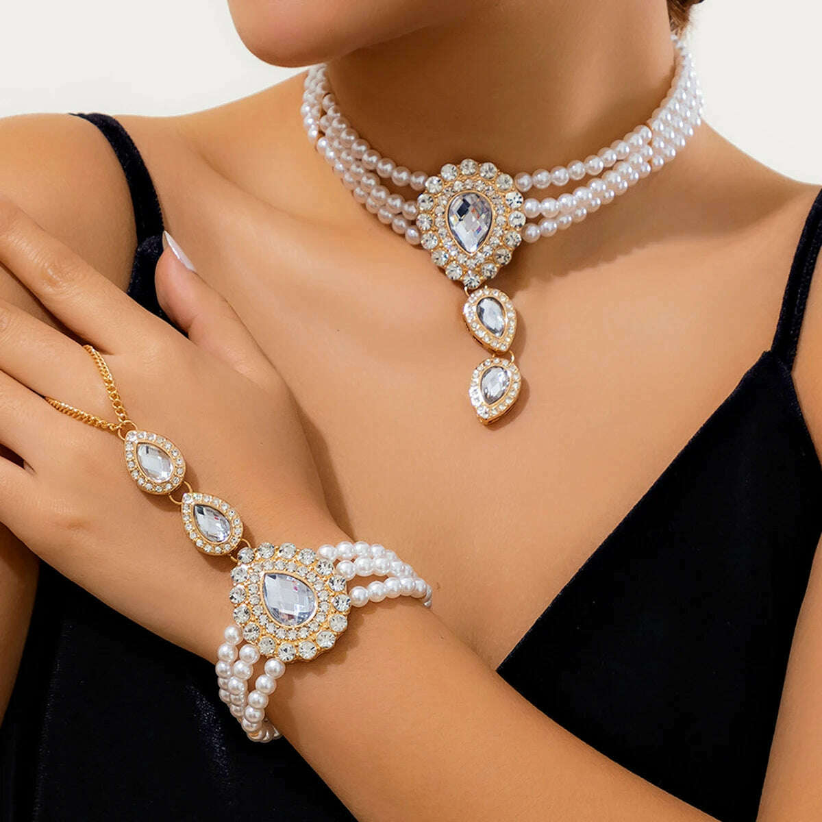 Multilayer Elegant Imitation Pearl Chain Necklace Bracelet for Women Creative Water Drop Rhinestone Jewelry Set Wed Accessories - KIMLUD