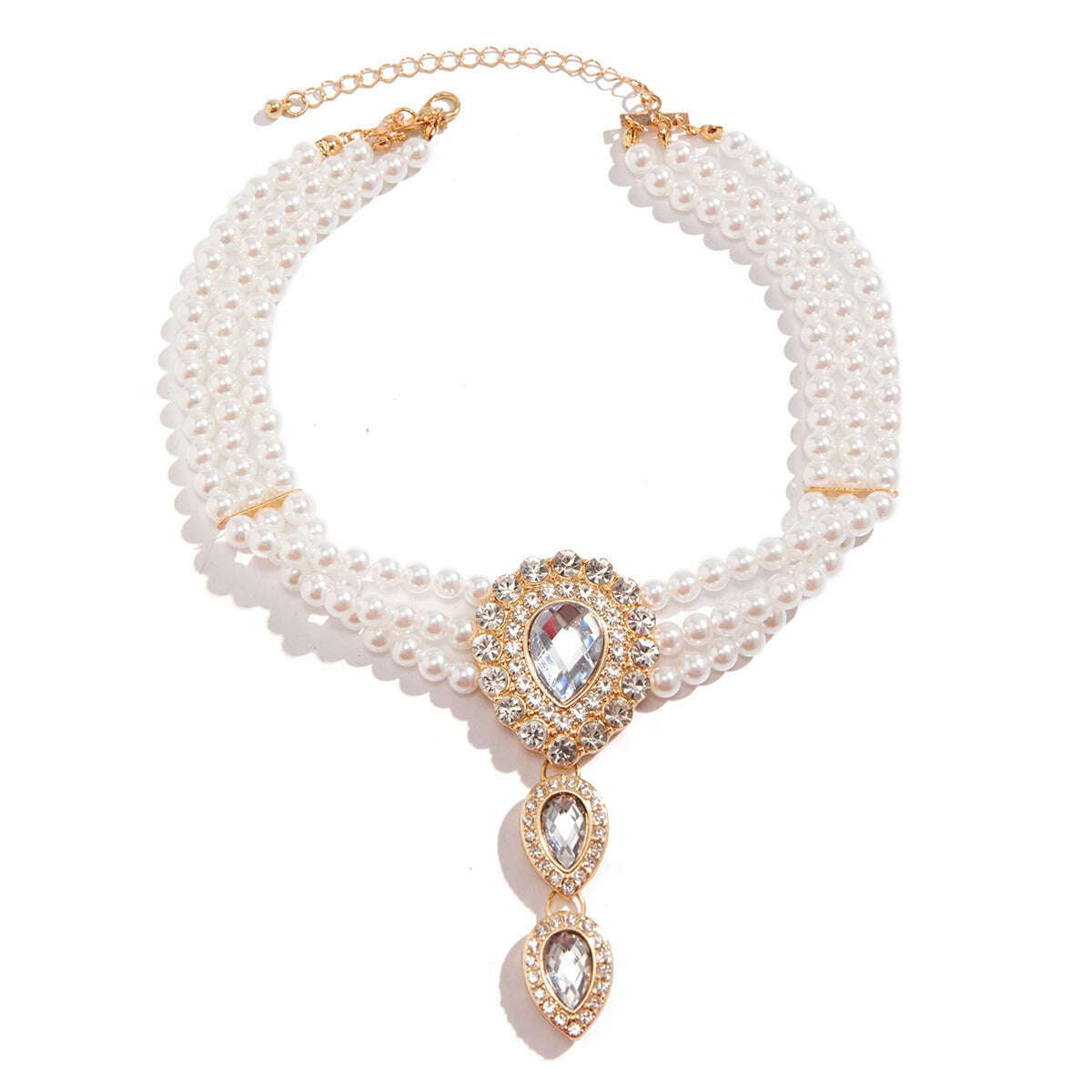 Multilayer Elegant Imitation Pearl Chain Necklace Bracelet for Women Creative Water Drop Rhinestone Jewelry Set Wed Accessories - KIMLUD