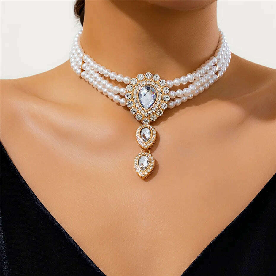 Multilayer Elegant Imitation Pearl Chain Necklace Bracelet for Women Creative Water Drop Rhinestone Jewelry Set Wed Accessories - KIMLUD