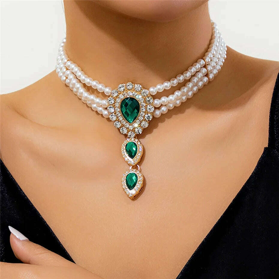 Multilayer Elegant Imitation Pearl Chain Necklace Bracelet for Women Creative Water Drop Rhinestone Jewelry Set Wed Accessories - KIMLUD