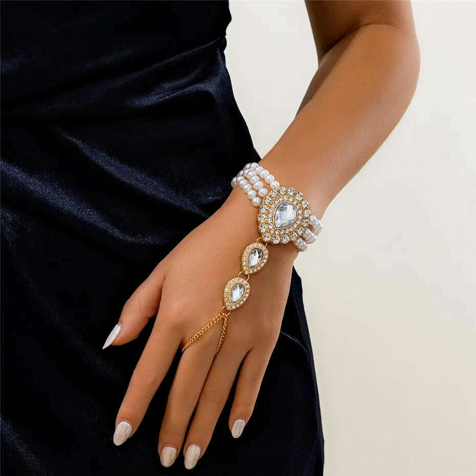 Multilayer Elegant Imitation Pearl Chain Necklace Bracelet for Women Creative Water Drop Rhinestone Jewelry Set Wed Accessories - KIMLUD