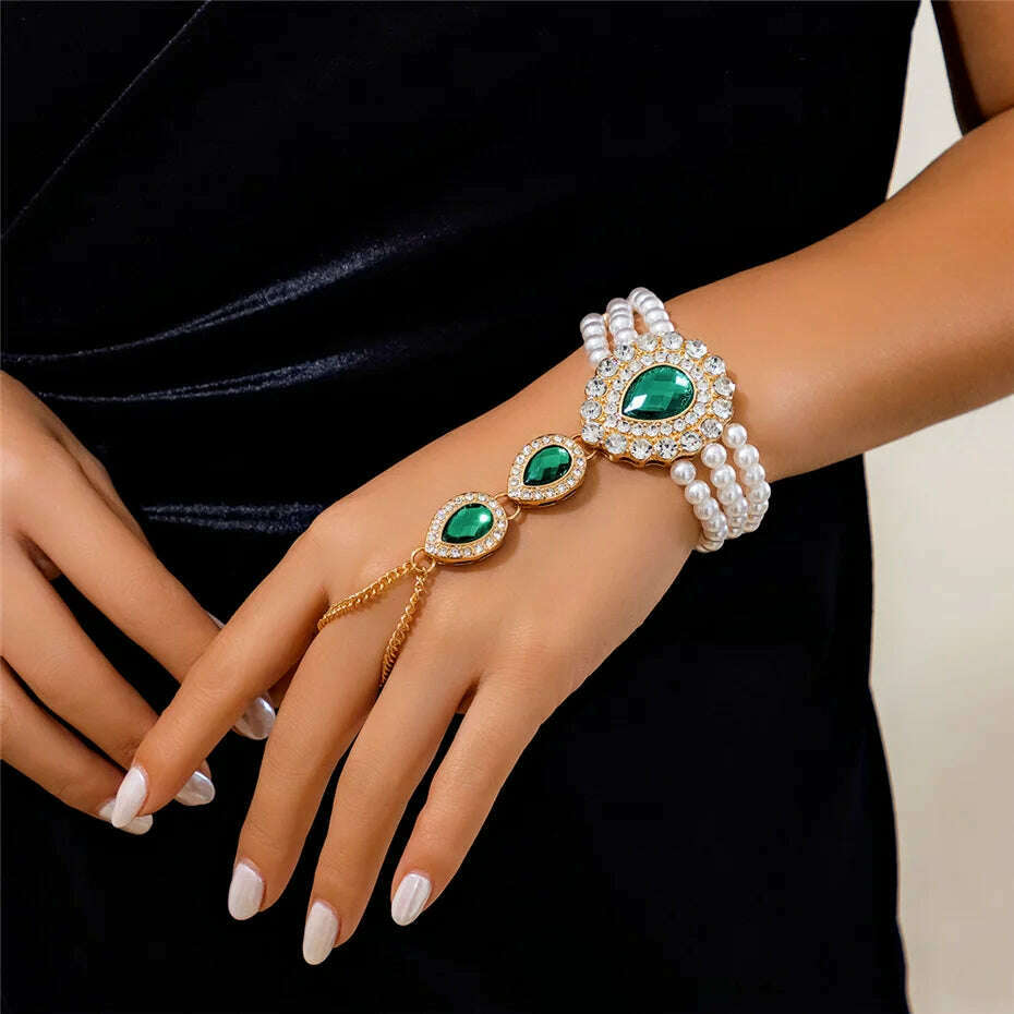 Multilayer Elegant Imitation Pearl Chain Necklace Bracelet for Women Creative Water Drop Rhinestone Jewelry Set Wed Accessories - KIMLUD