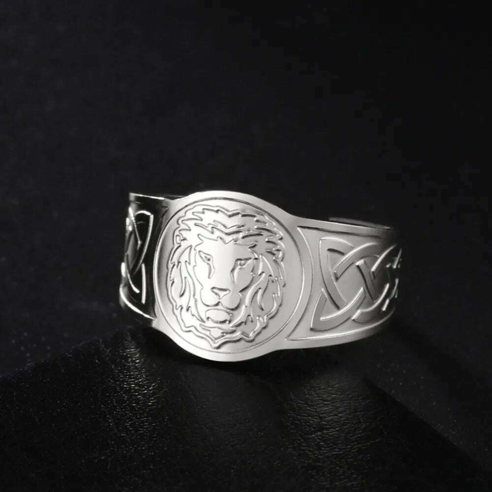 My Shape Lion Rings for Men Punk Celtics Knot Animals Resizable Stainless Steel Finger Ring Nordic Vintage Jewelry Amulet Gifts - KIMLUD