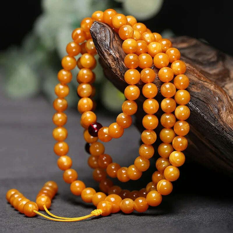 KIMLUD, Myanmar Old Beeswax Circle 108 Beads Original Mineral Beeswax Amber Original Stone Necklace for Men and Women Hard Bracelets, KIMLUD Womens Clothes
