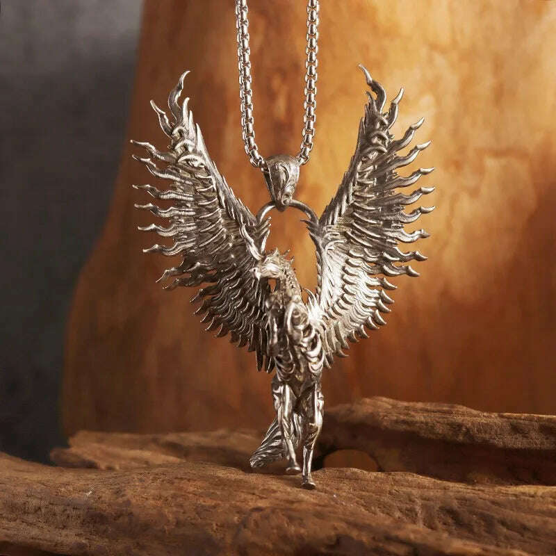 KIMLUD, Mythical Unicorn Pegasus Wings Pendant Horse Constellation Necklace Men and Women Trend Jewelry Couple Gift, AL19709-Silver, KIMLUD Womens Clothes
