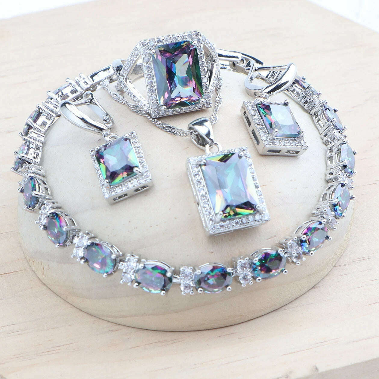 KIMLUD, Natural Magic Rainbow CZ Bridal Jewelry Sets 925 Silver Stones Bracelets Earrings Rings Pendant Necklace Set For Women, KIMLUD Womens Clothes