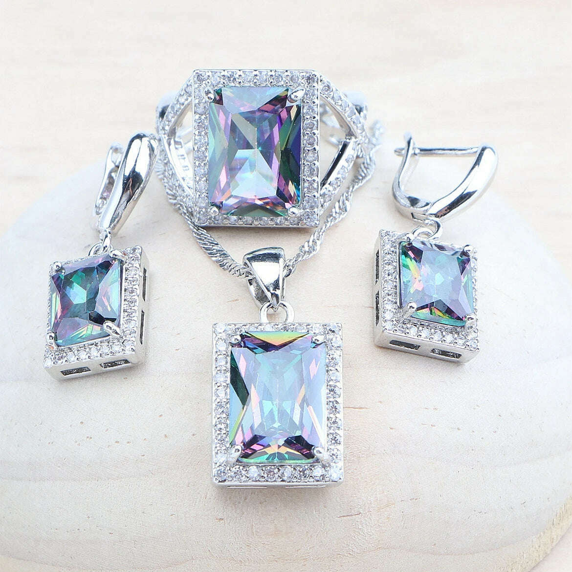 KIMLUD, Natural Magic Rainbow CZ Bridal Jewelry Sets 925 Silver Stones Bracelets Earrings Rings Pendant Necklace Set For Women, 3PCS-Rainbow / 7, KIMLUD APPAREL - Womens Clothes