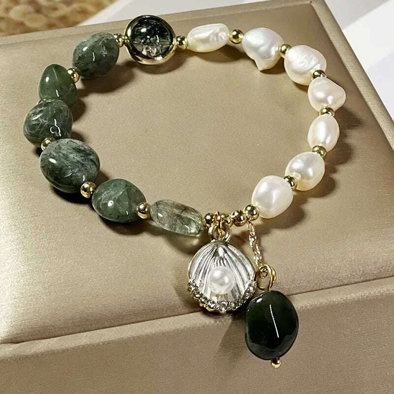 KIMLUD, Natural Pearl Bracelet Green Crystal Original Design Women's Korean  Bangles Student Friend Birthday Jewelry Handpiece, Green-white-1, KIMLUD Womens Clothes