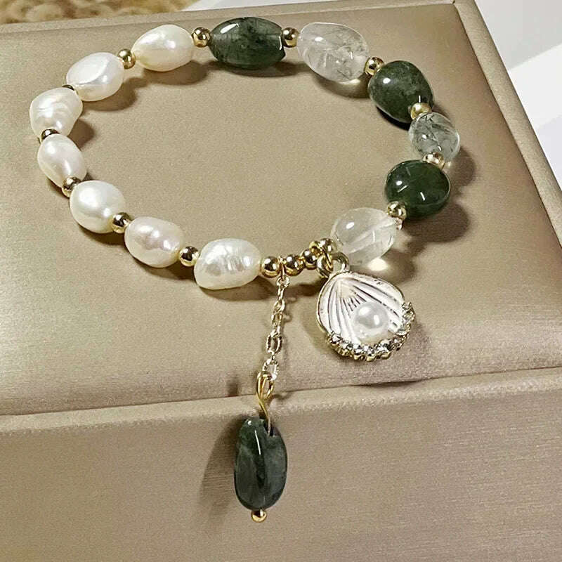 Natural Pearl Bracelet Green Crystal Original Design Women's Korean Bangles Student Friend Birthday Jewelry Handpiece - KIMLUD