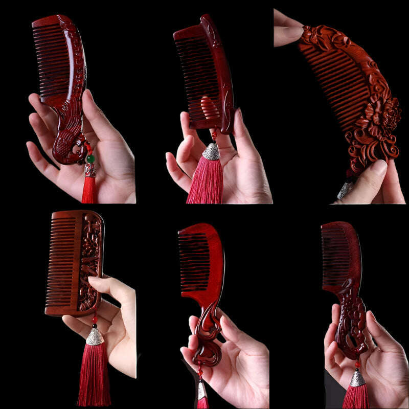 KIMLUD, Natural Rhinoceros Horn Small Leaf Red Sandalwood Carved Wood Comb Retro Style Massage Comb Gifts with comb, KIMLUD Womens Clothes