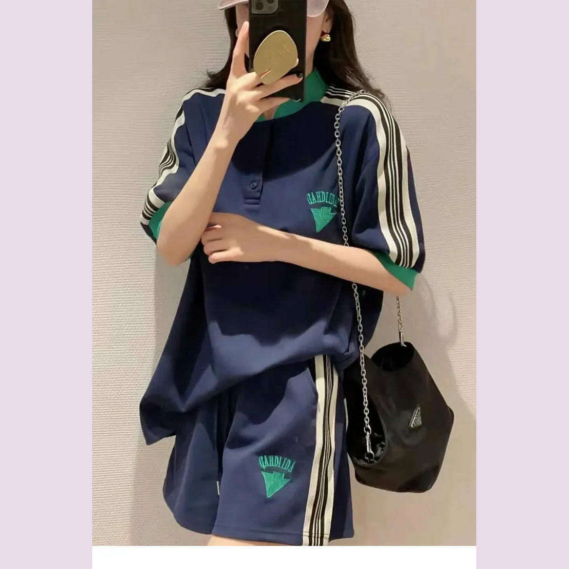 KIMLUD, Navy Loose Side Patch Streetwear Tracksuit Summer Shirts Shorts Pants Embroidery Two Piece Sets Womens Outifits Harajuku Casual, KIMLUD Womens Clothes
