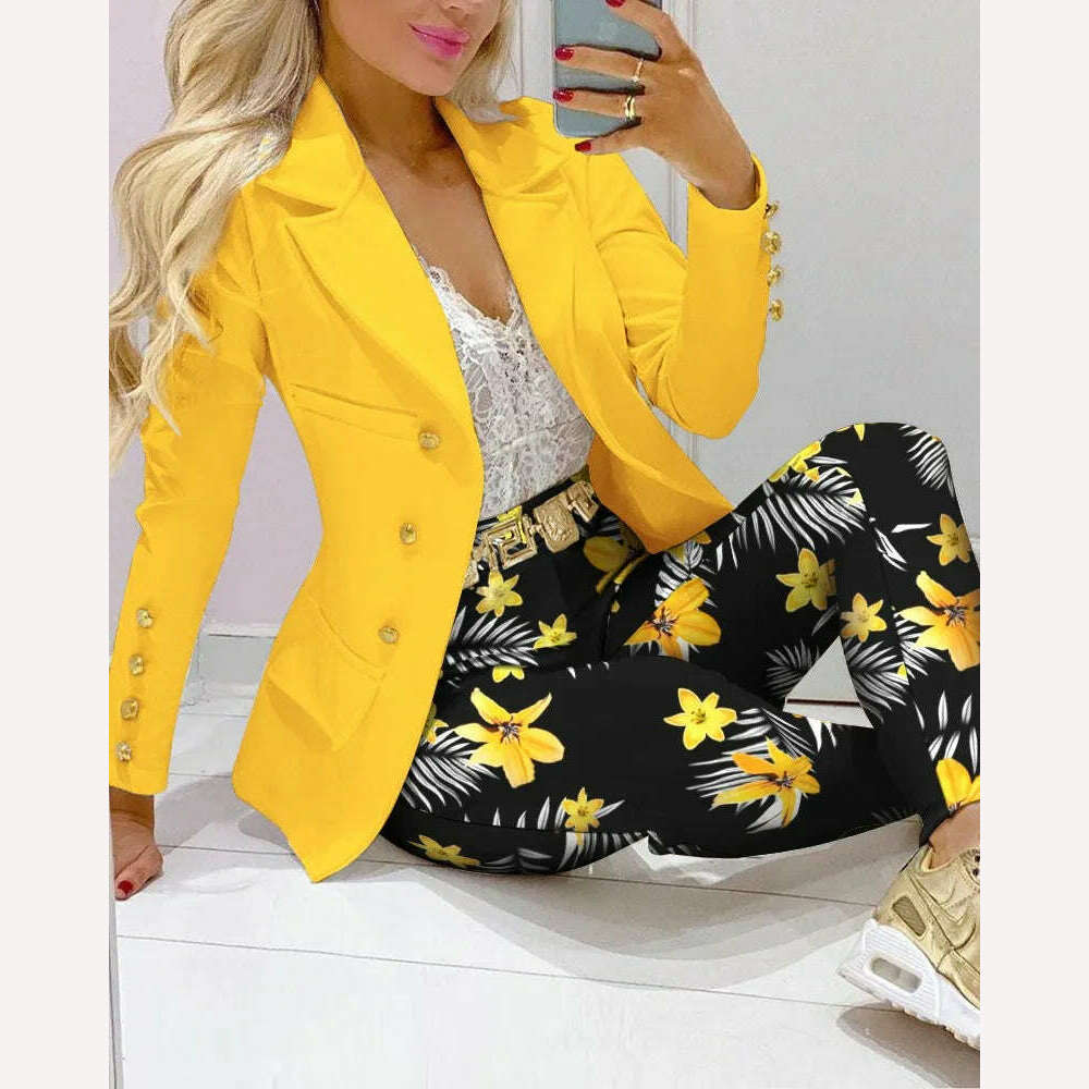 New 2023 Formal Office Pant Sets Women 2PCS Double Breasted Solid Blazers Jacket and Pants Two Pieces Set Female Pant Suits Sets - KIMLUD