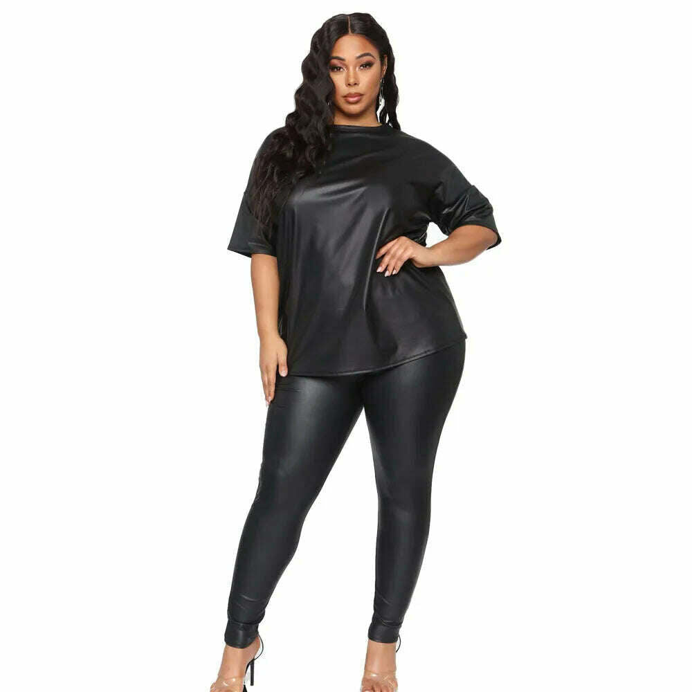 New Autumn / Winter Women Plus Size Two Piece Sets Pure Color O-neck Full Sleeve Sweatshirts + Skinny Pencil Pants PU Outfits - KIMLUD