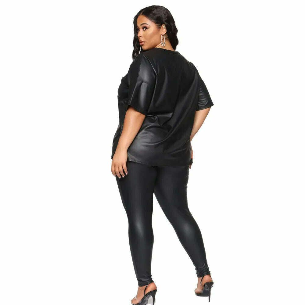 New Autumn / Winter Women Plus Size Two Piece Sets Pure Color O-neck Full Sleeve Sweatshirts + Skinny Pencil Pants PU Outfits - KIMLUD