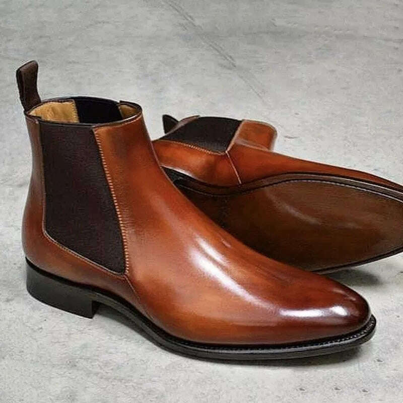 New Brown Chelsea Boots for Men Black Business Handmade Men&#39;s Short Boots Round Toe Slip-On Ankle Boots Free Shipping - KIMLUD