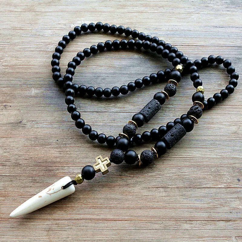 KIMLUD, New Design Black BLava Stones Bead with Hematite cross charm pendant necklace Men's Bead Necklace, Default Title, KIMLUD Womens Clothes