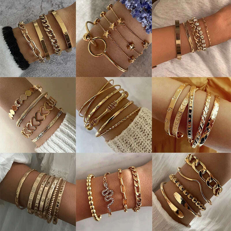 KIMLUD, New Fashion Boho Punk Golden Cuff Bracelets & Bangles For Women Love Pulseiras Bangle Set Feminina Jewelry Charm Gifts B051, KIMLUD Womens Clothes