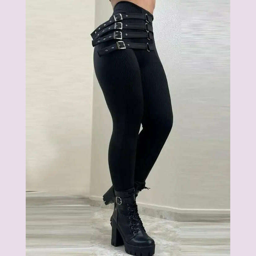 KIMLUD, New Fashion Elegant Women's High Waist Buckled Skinny Pants Casual Trouser Bottom Female Clothing Outfits for Women, KIMLUD Womens Clothes