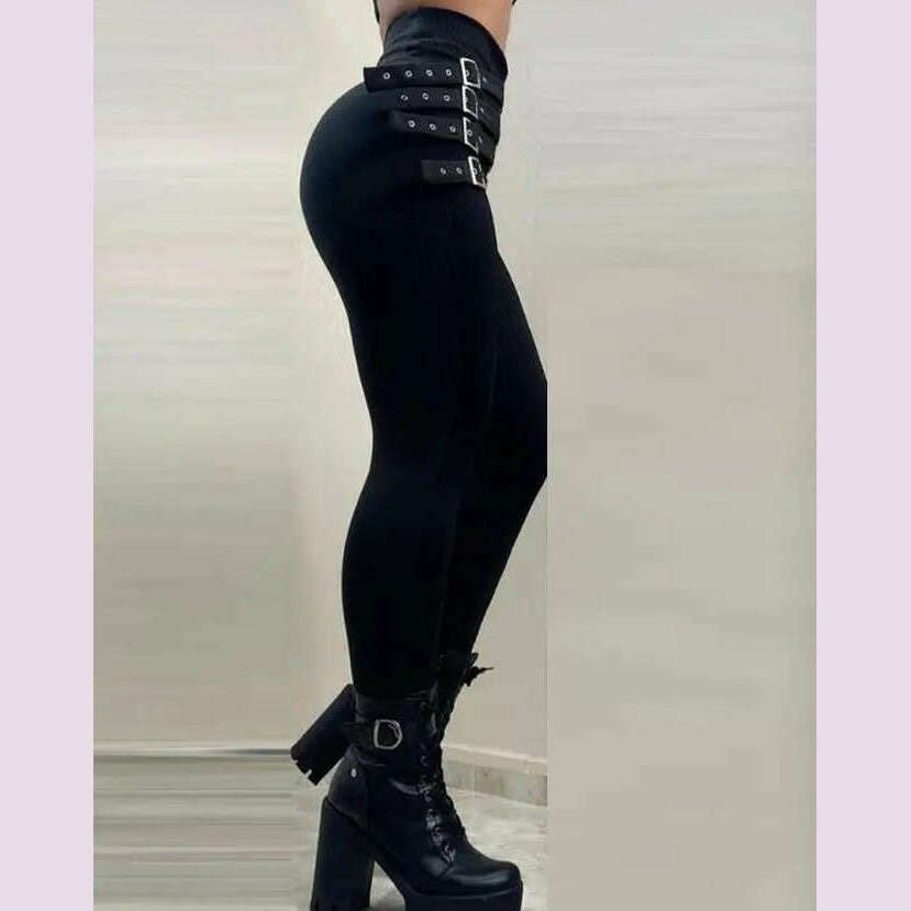 KIMLUD, New Fashion Elegant Women's High Waist Buckled Skinny Pants Casual Trouser Bottom Female Clothing Outfits for Women, KIMLUD Womens Clothes