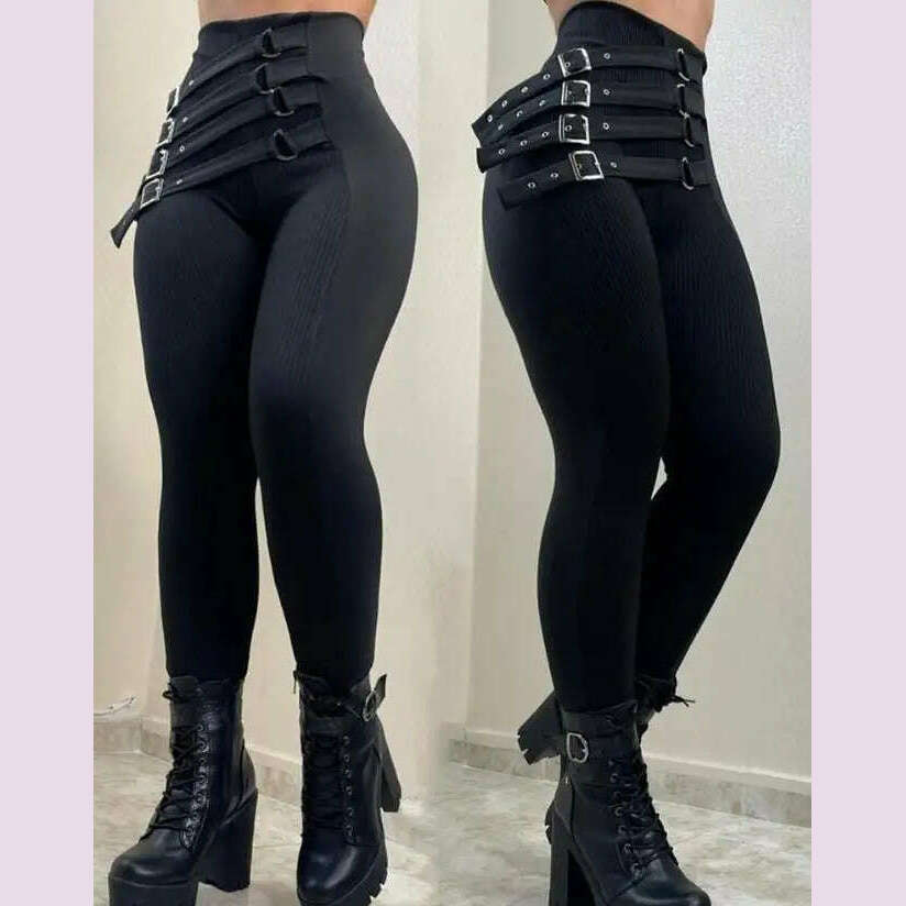 KIMLUD, New Fashion Elegant Women's High Waist Buckled Skinny Pants Casual Trouser Bottom Female Clothing Outfits for Women, A / S, KIMLUD APPAREL - Womens Clothes