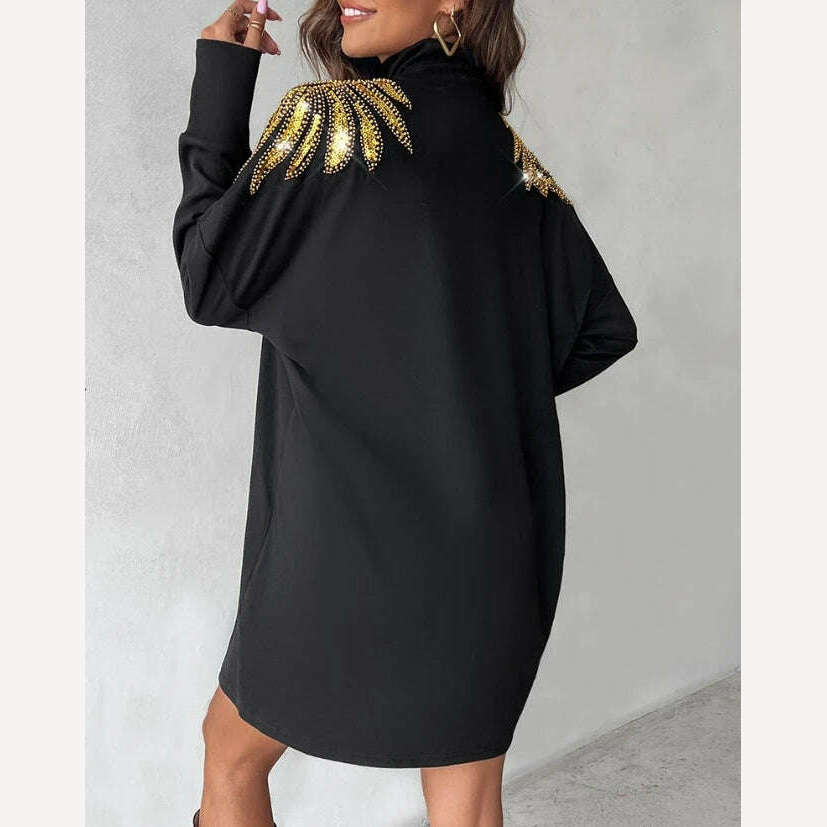 New Fashion Women 2024 Early Spring Casual Simple Dress High Neck Long Sleeve Angel Wings Pattern Contrast Sequin Casual Dress - KIMLUD