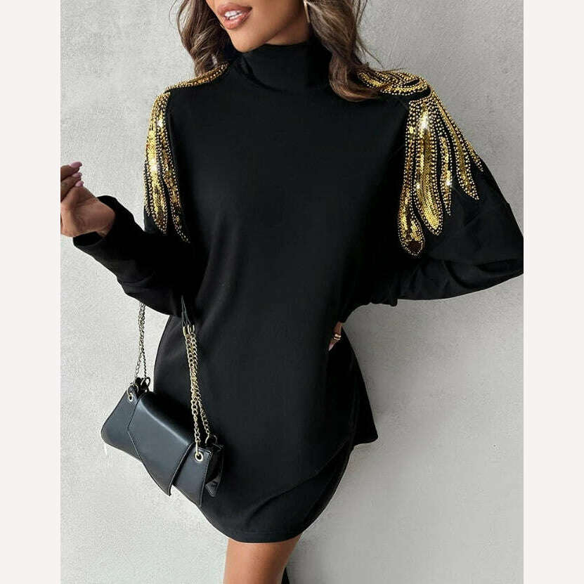 New Fashion Women 2024 Early Spring Casual Simple Dress High Neck Long Sleeve Angel Wings Pattern Contrast Sequin Casual Dress - KIMLUD