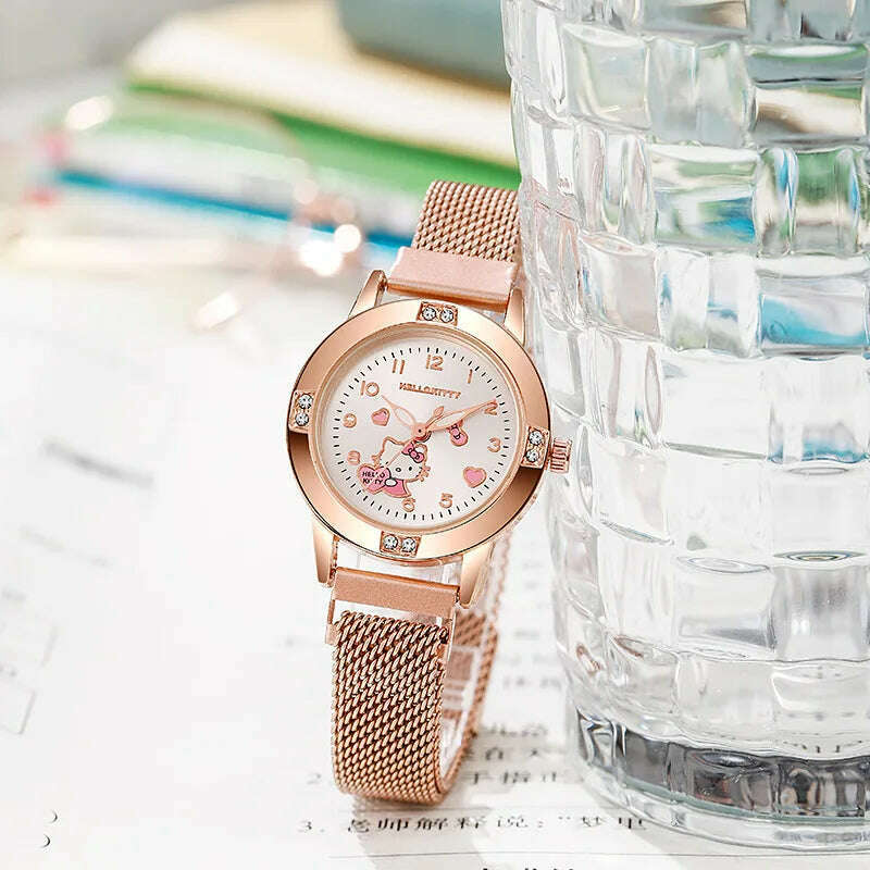 New Hello Kitty Diamond Watches Women Cat Bow Kawaii Pink Ladies Gold Sliver Metal Jewelry Cartoon Magnetic Watch Girls - KIMLUD
