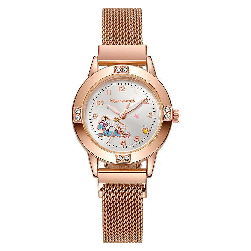 New Hello Kitty Diamond Watches Women Cat Bow Kawaii Pink Ladies Gold Sliver Metal Jewelry Cartoon Magnetic Watch Girls - KIMLUD