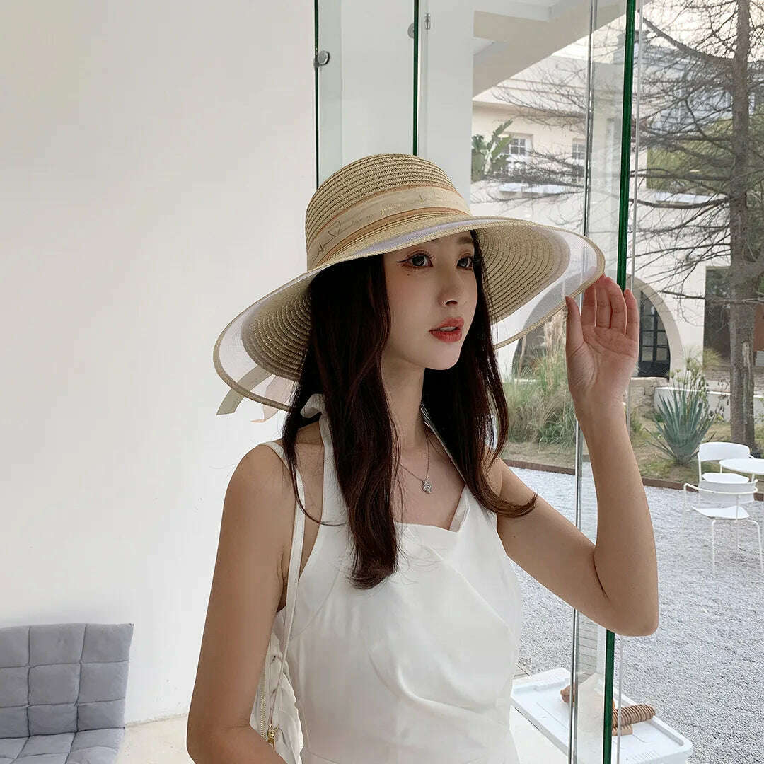 New Korean Style Women's Straw Bow Ribbon Big Brim Shade Ins Celebrity Outing Fashion Beach Vacation Ruffled Dome Straw Hat - KIMLUD