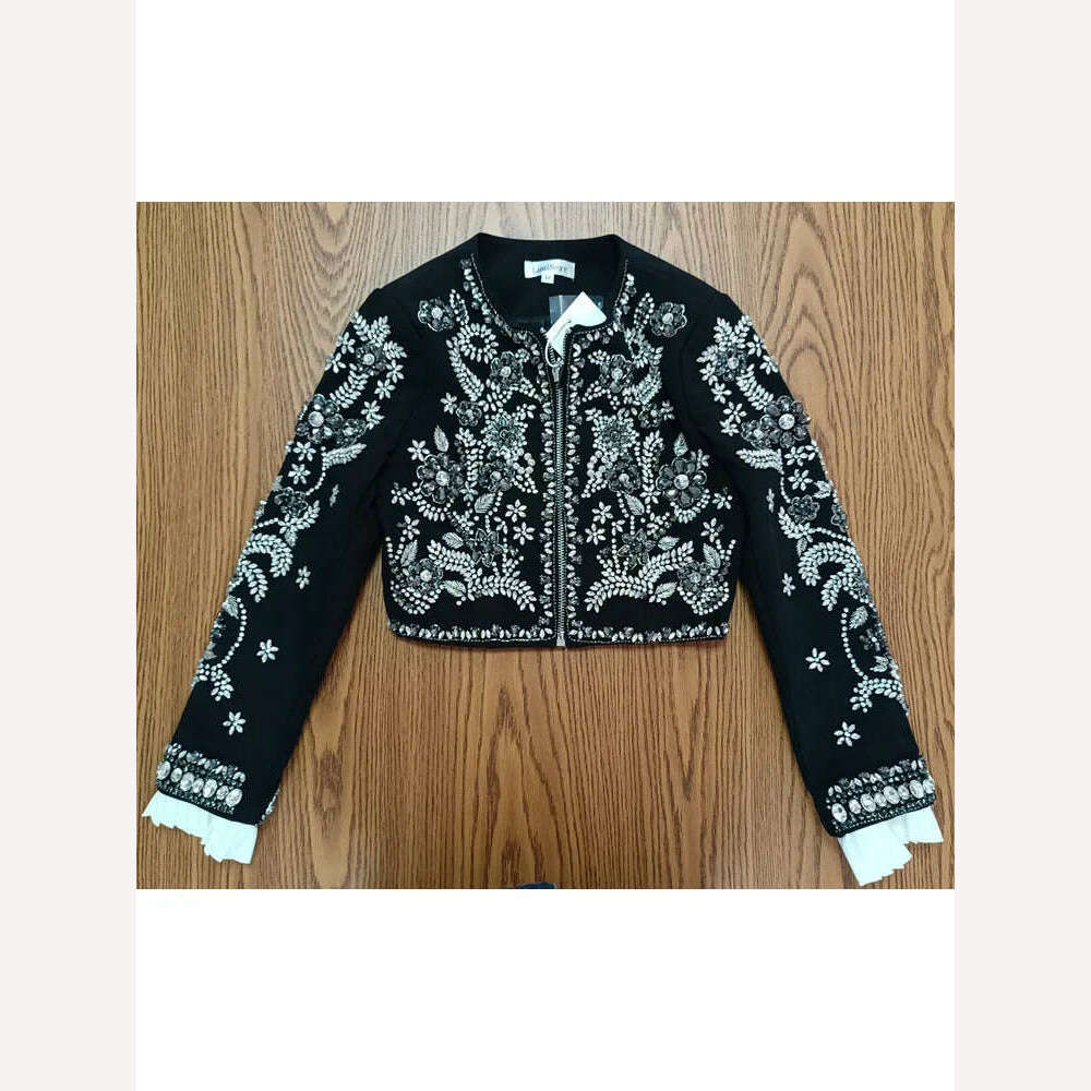 New Luxury Handmade Diamonds Vintage Jacket Women Elegant Party Fashion Black Short Coat Office Ladies Autumn Designer Jackets - KIMLUD
