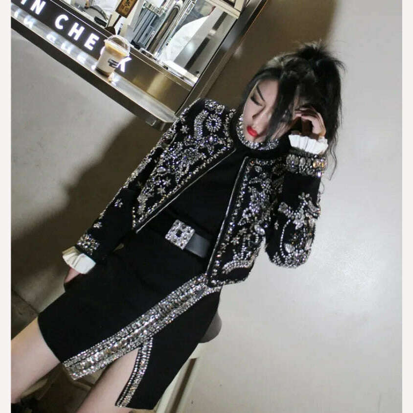 New Luxury Handmade Diamonds Vintage Jacket Women Elegant Party Fashion Black Short Coat Office Ladies Autumn Designer Jackets - KIMLUD